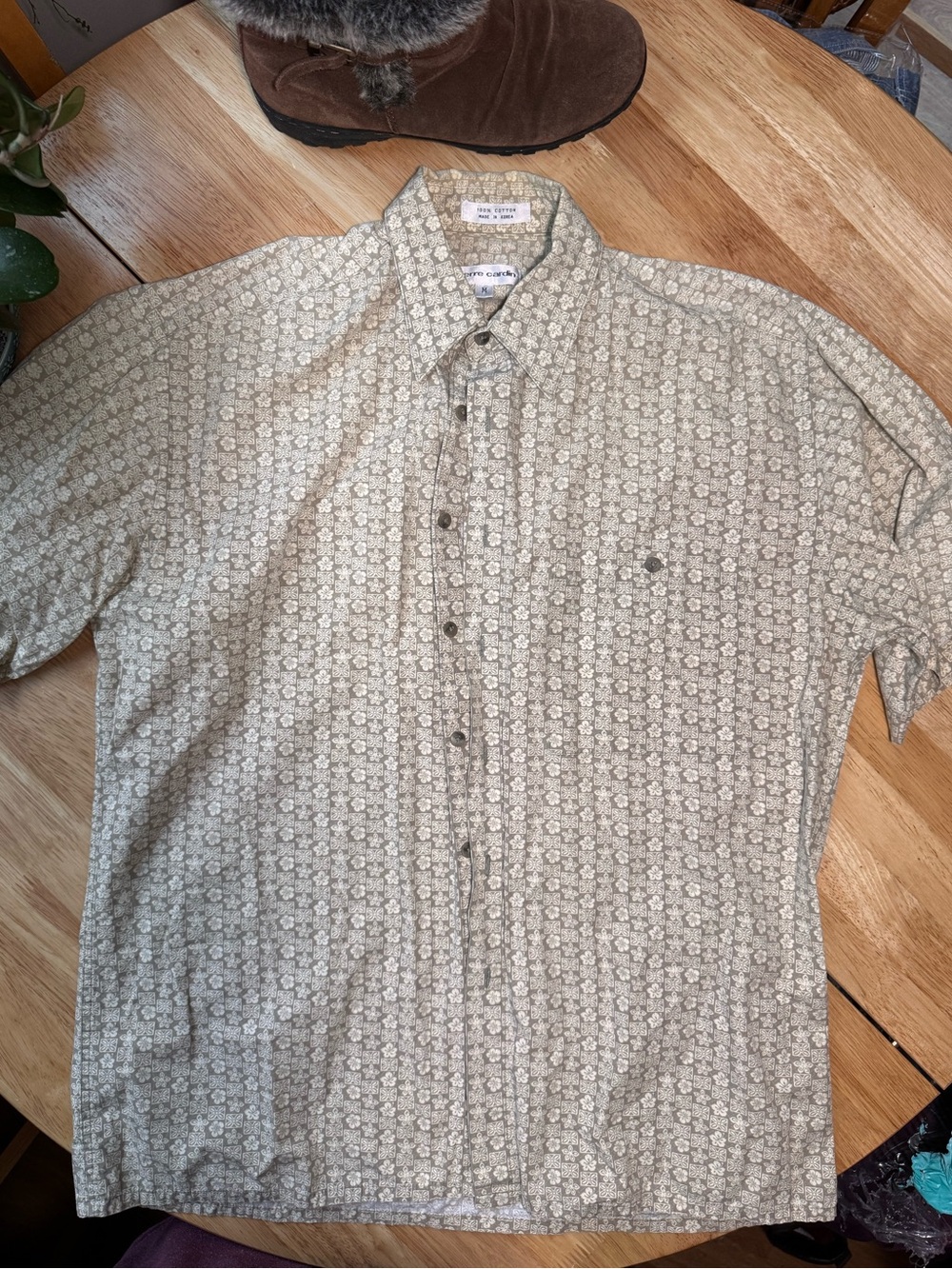 Pierre Cardin Beige Floral Short Sleeve Button-Down Shirt